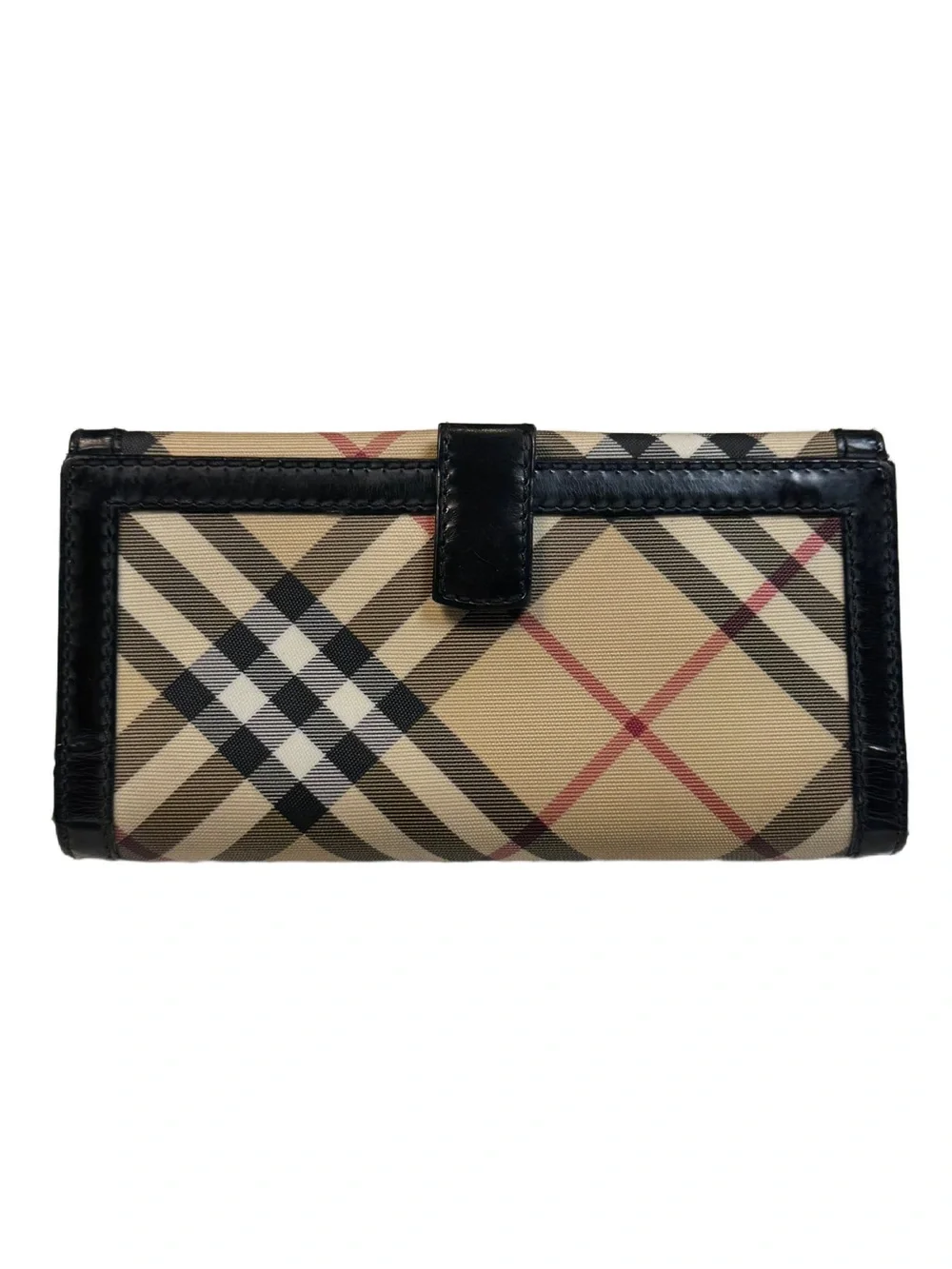 Vintage Burberry Nova Check Canvas Black Leather Stirrup Buckle Long Wallet